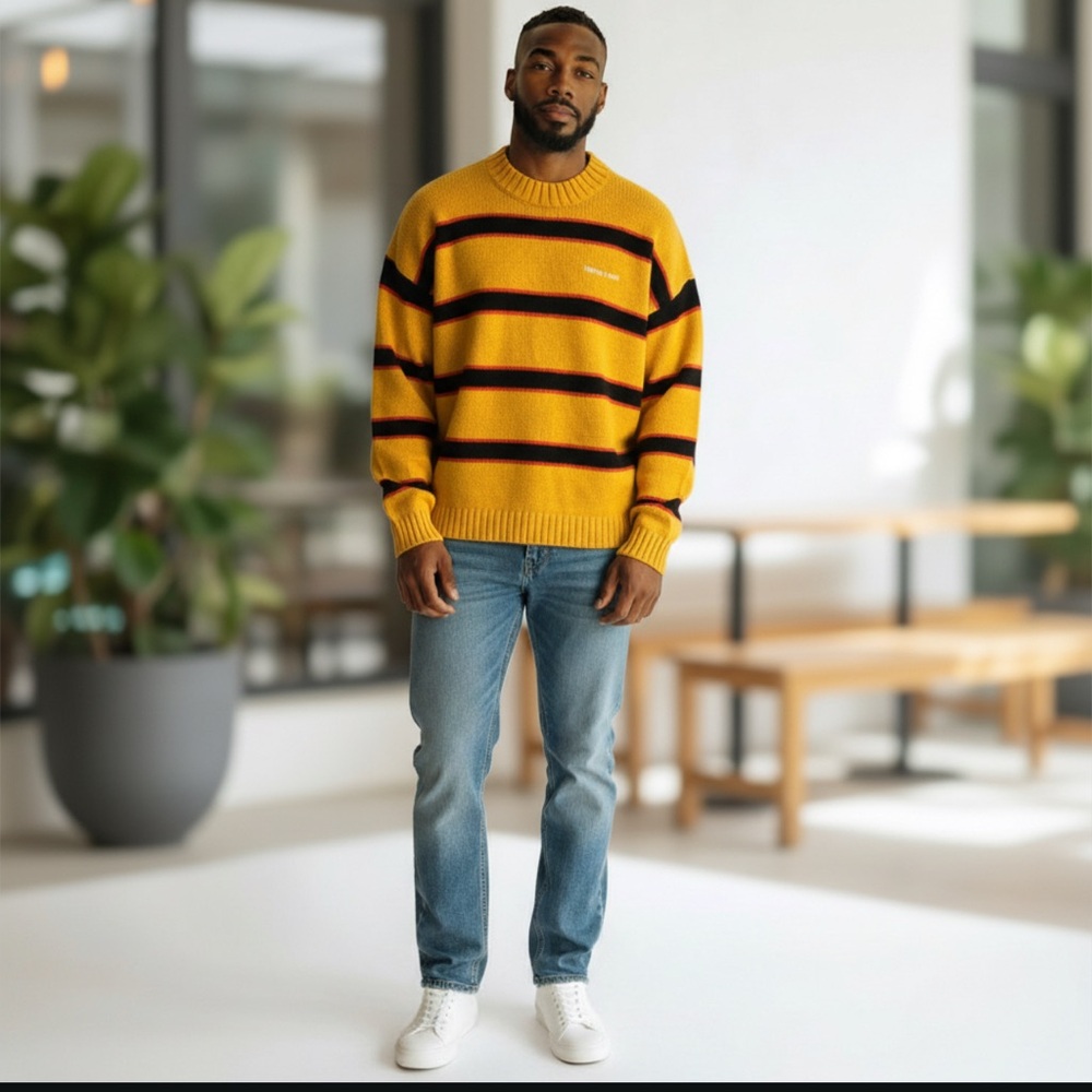 Pacsun Striped Knit Sweater Black, Red, Yellow new with tag XL  Nothing is Real - Picture 2 of 15